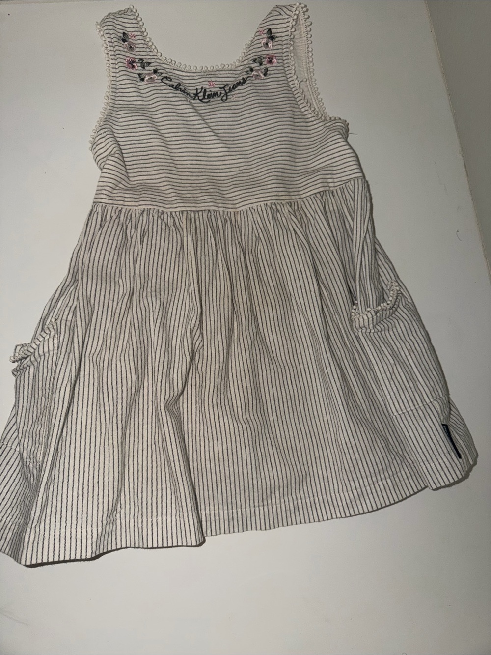 Calvin Klein cottagecore Embroidered Striped Tank Dress Cream with Black Stripes